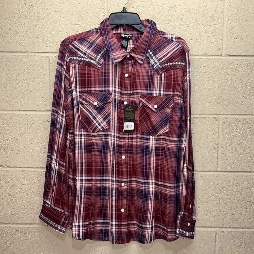 Wrangler Retro Shirt Women’s Size Large Pink Plaid Aztec Pearl Snap Western NWT